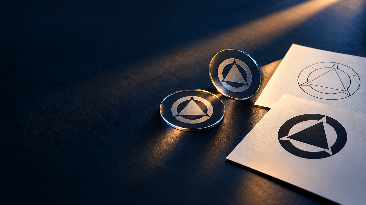 Concept illustration of thin glass gobo discs beside geometric logo artwork proofs