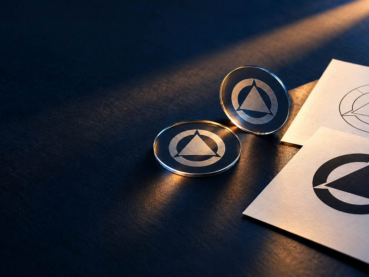 Concept illustration of thin glass gobo discs beside geometric logo artwork proofs