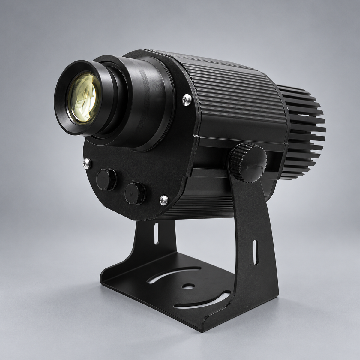 GoboSolution 60W outdoor logo projector with a black housing and U-shaped mounting bracket