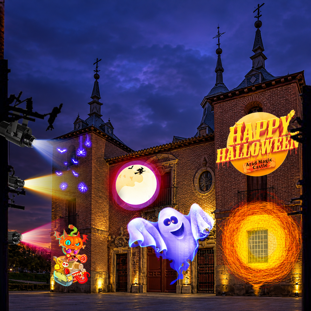 Halloween graphics projected onto a building facade at night, including Happy Halloween lettering