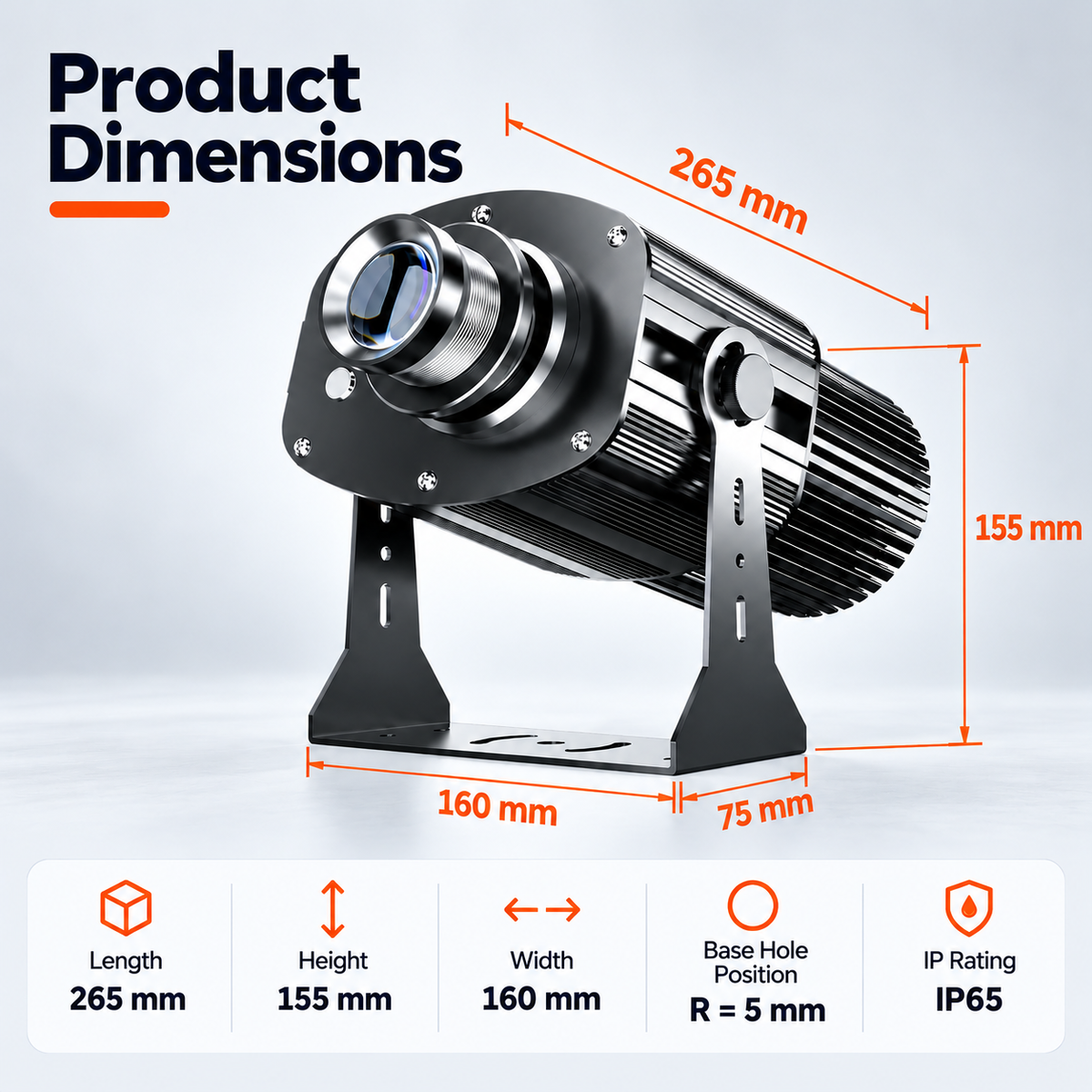 Dimension diagram of the 160W high-power logo projector showing its housing and mounting bracket