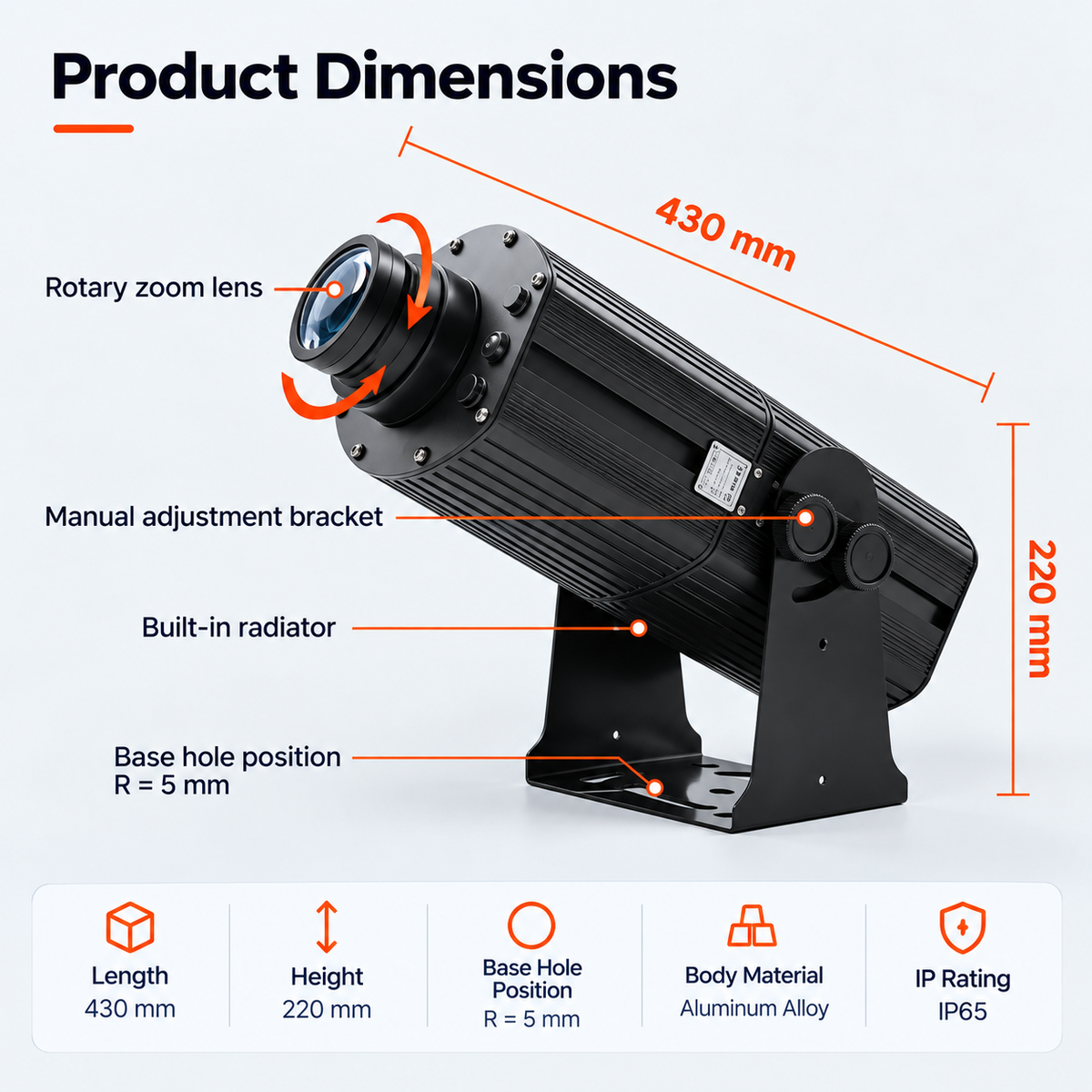 Dimension diagram of a high-power logo projector showing its long housing, adjustable bracket and mounting base