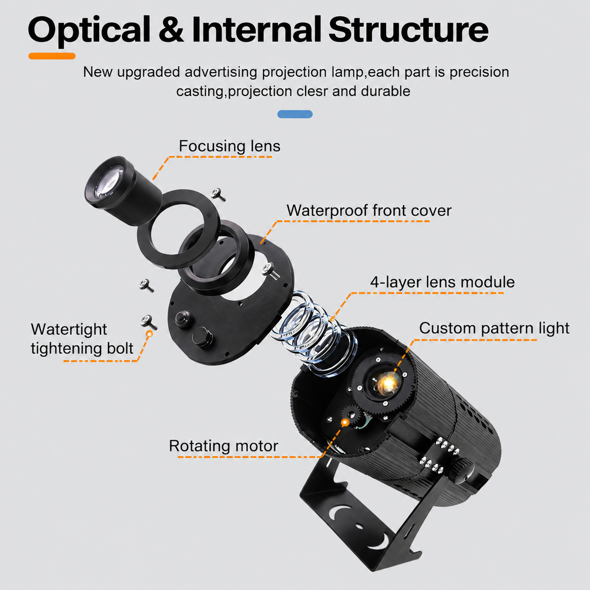 Exploded diagram of a high-power logo projector showing its focusing lens, front cover, lens elements and housing