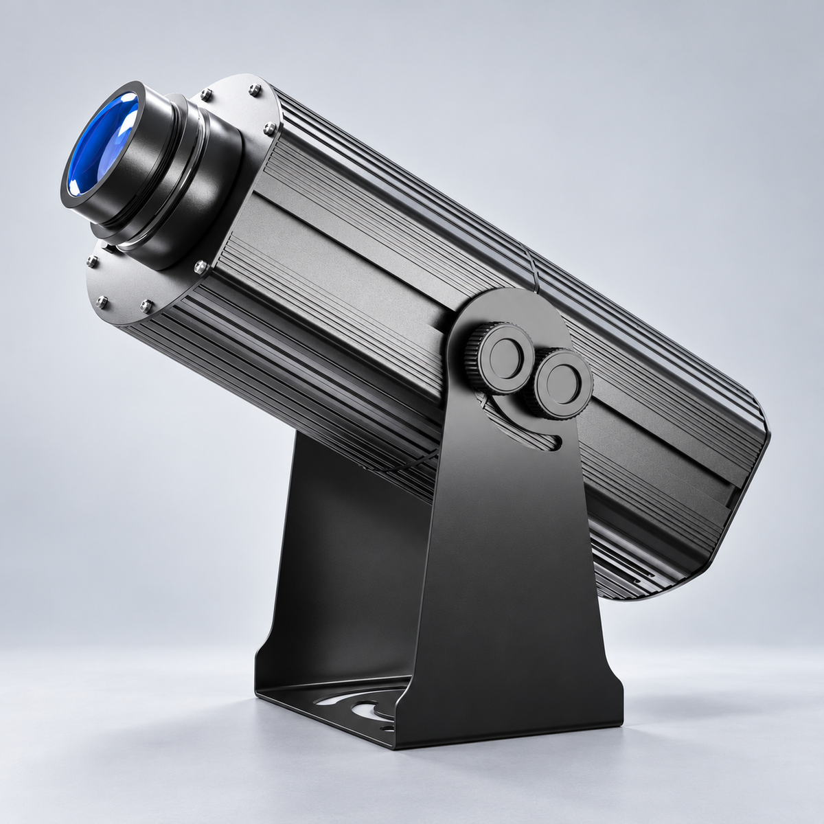 High-power logo projector with a black finned housing, front lens and adjustable mounting bracket