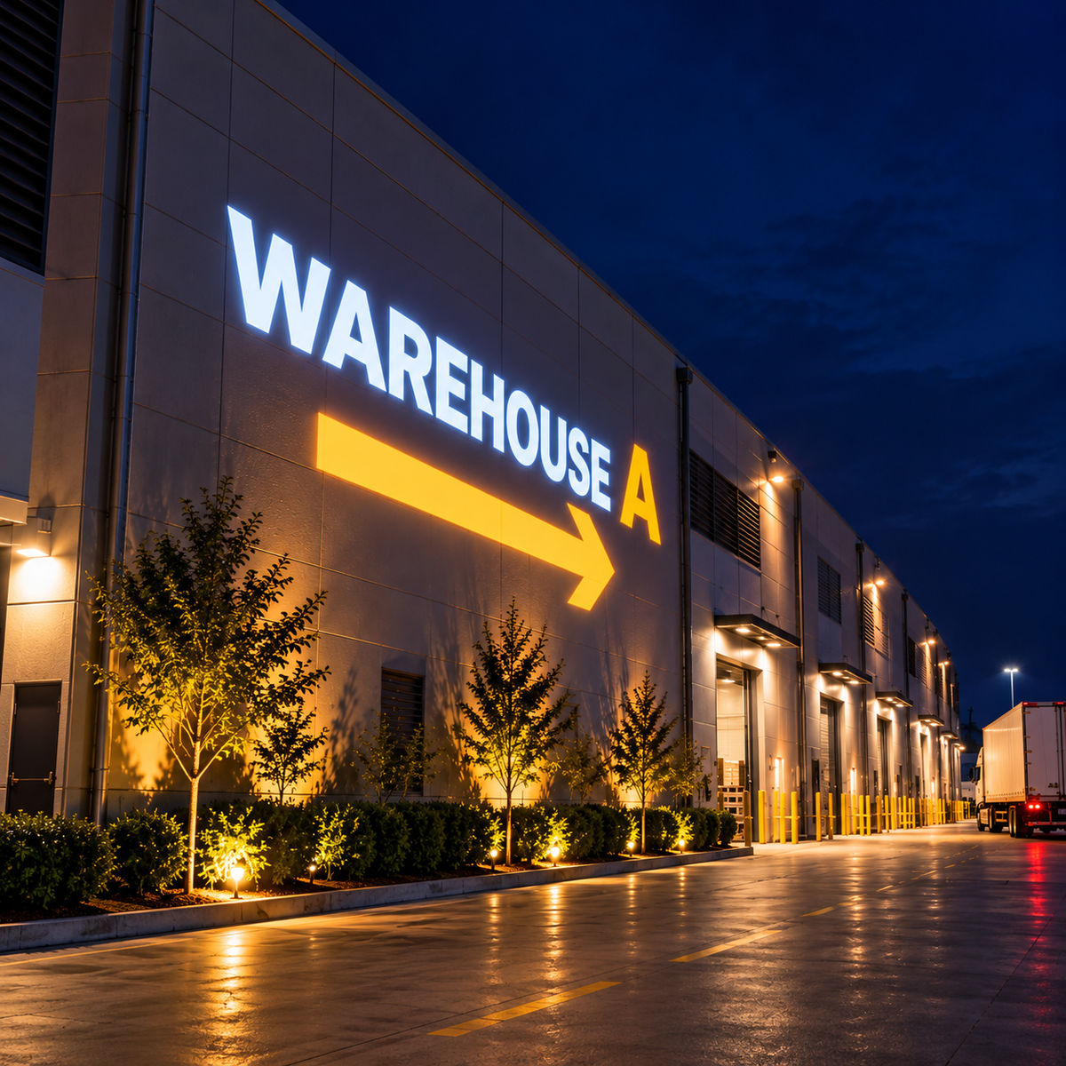 Warehouse exterior at night with Warehouse A lettering and a yellow directional arrow displayed on the wall
