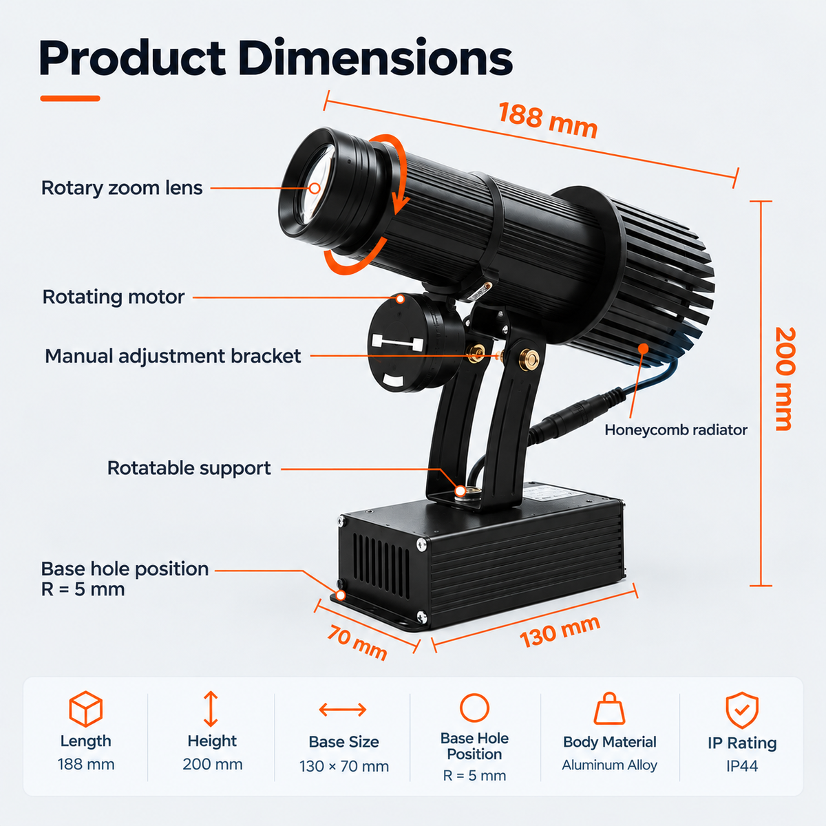 Dimension diagram of the 35W indoor logo projector showing the lens, adjustable bracket and mounting base