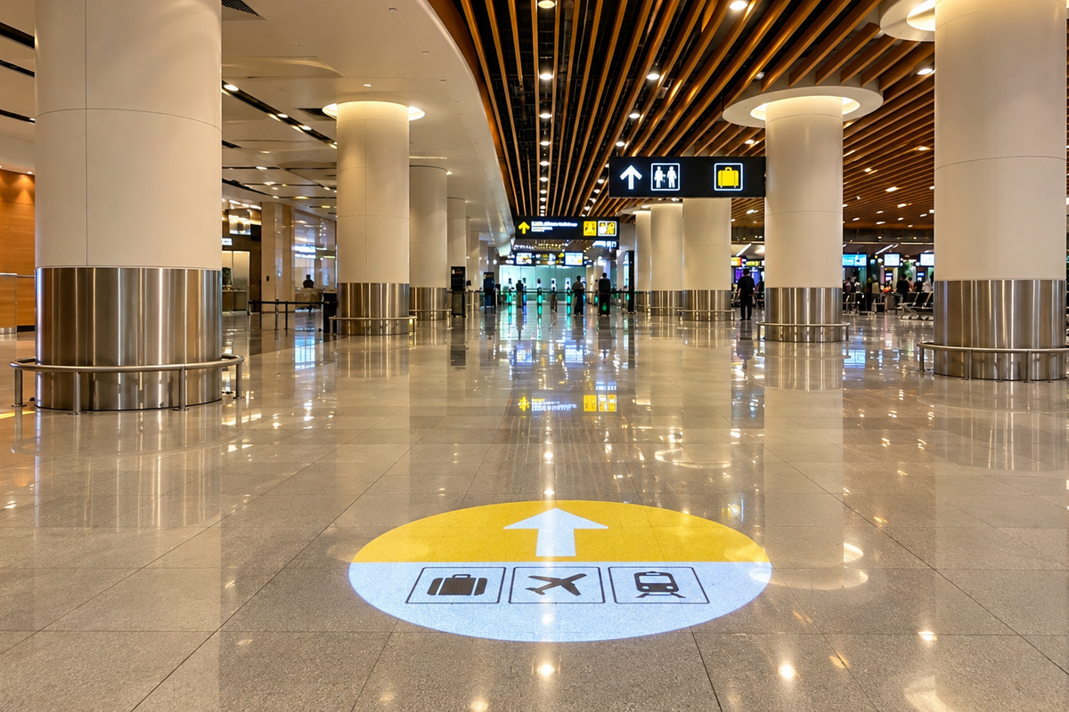 Arrow and transport symbols projected onto the floor of an indoor terminal.