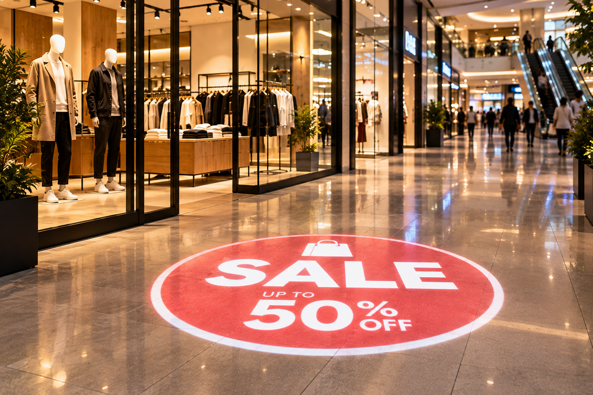 Red sale message projected onto a shopping mall floor outside a clothing store.