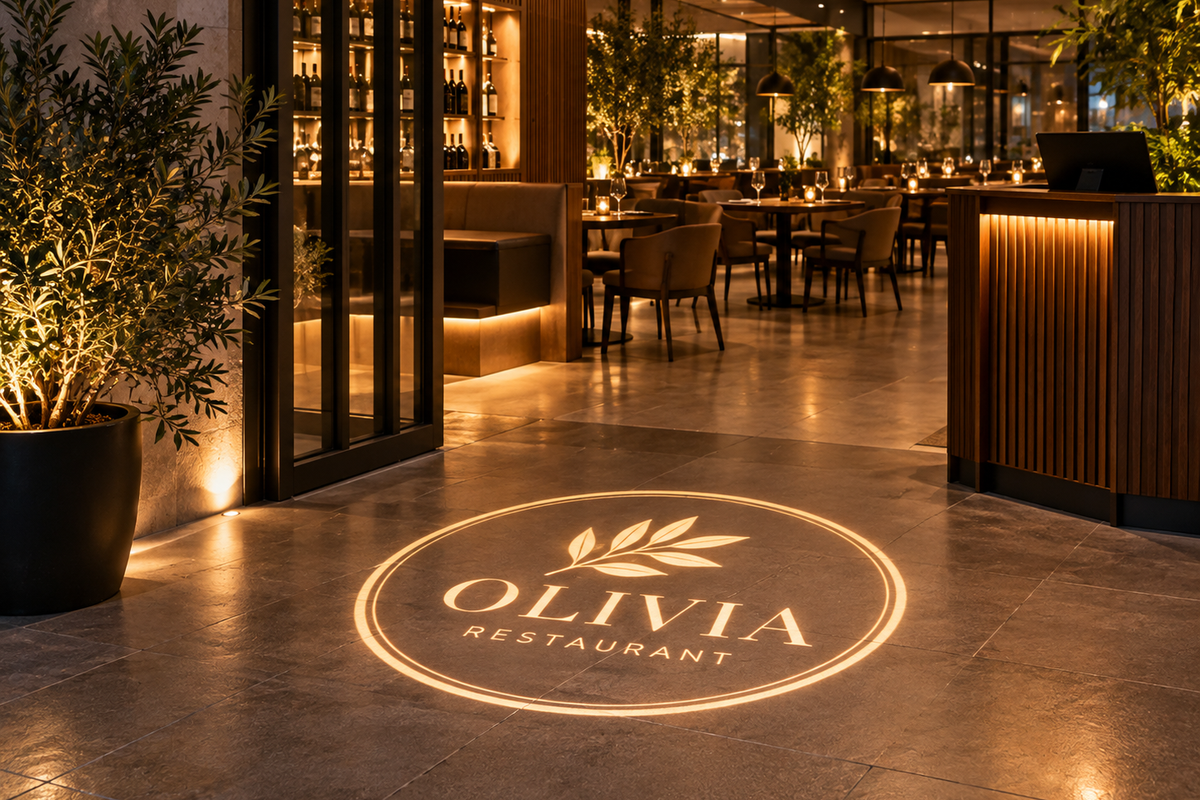 Olivia Restaurant logo projected onto the floor at a restaurant entrance.