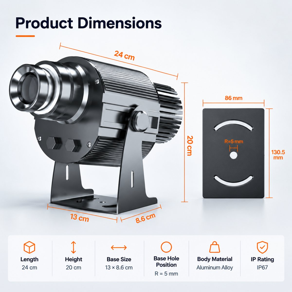 Dimension diagram of the 100W outdoor logo projector showing its housing, mounting bracket and base