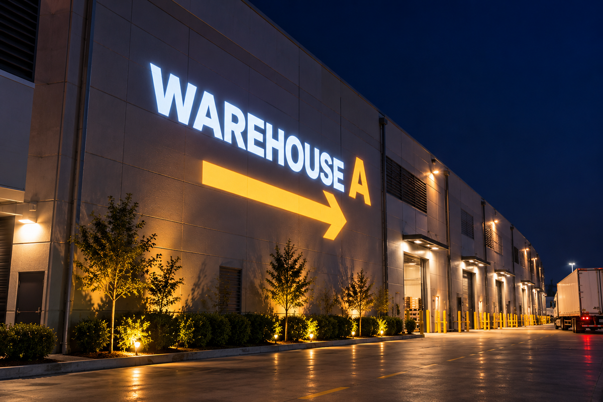 Warehouse A lettering and a yellow directional arrow projected onto an exterior warehouse wall.