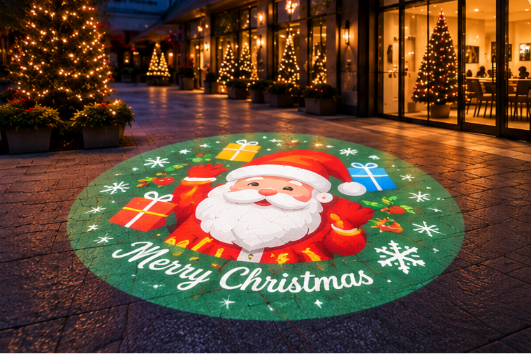 A circular outdoor Christmas ground light displayed on a paved walkway at night, featuring a festive illustration of Santa Claus, gifts, snowflakes, and the words 'Merry Christmas' in white script. The light is shown casting a glow onto the stone pavement, with decorated Christmas trees and a lit storefront in the background.