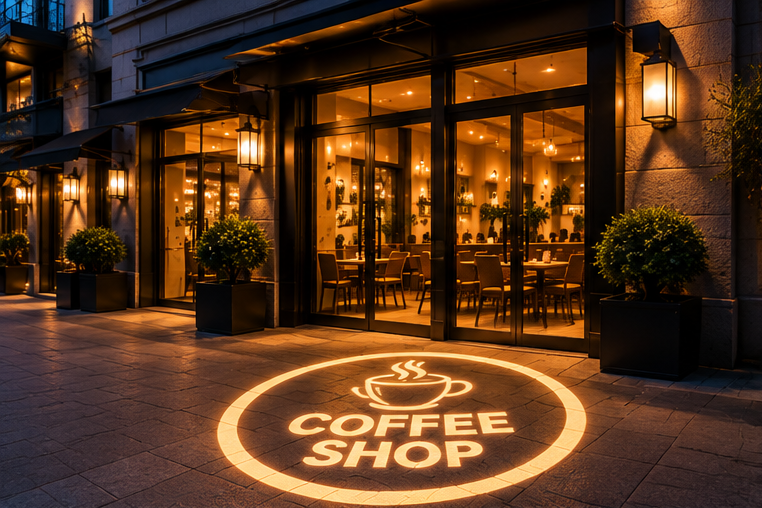Coffee shop logo projected onto the pavement outside an illuminated cafe entrance.
