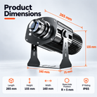 Dimension diagram of the 160W high-power logo projector showing its housing and mounting bracket