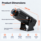 Dimension diagram of a high-power logo projector showing its long housing, adjustable bracket and mounting base
