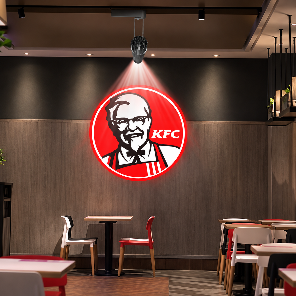 KFC logo displayed on a wood-paneled restaurant wall above tables and chairs
