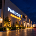 Warehouse exterior at night with Warehouse A lettering and a yellow directional arrow displayed on the wall