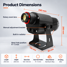 Dimension diagram of the 60W outdoor logo projector showing its housing and mounting bracket