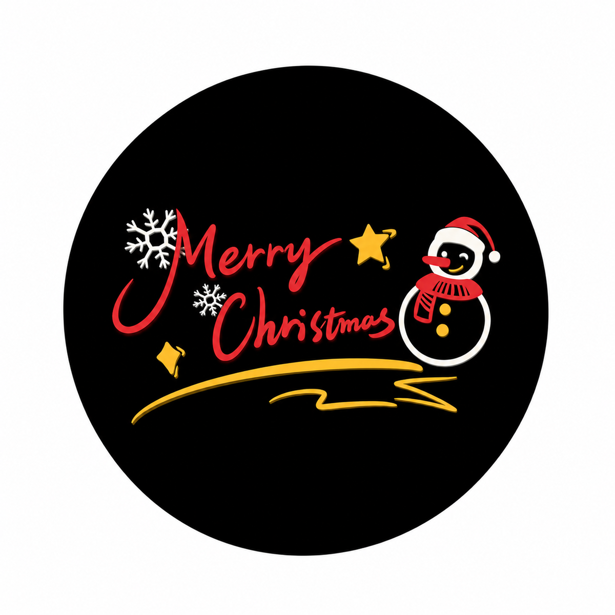 Christmas gobo design with red Merry Christmas lettering, a snowman, white snowflakes and yellow stars on a black disc