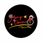 Christmas gobo design with red Merry Christmas lettering, a snowman, white snowflakes and yellow stars on a black disc