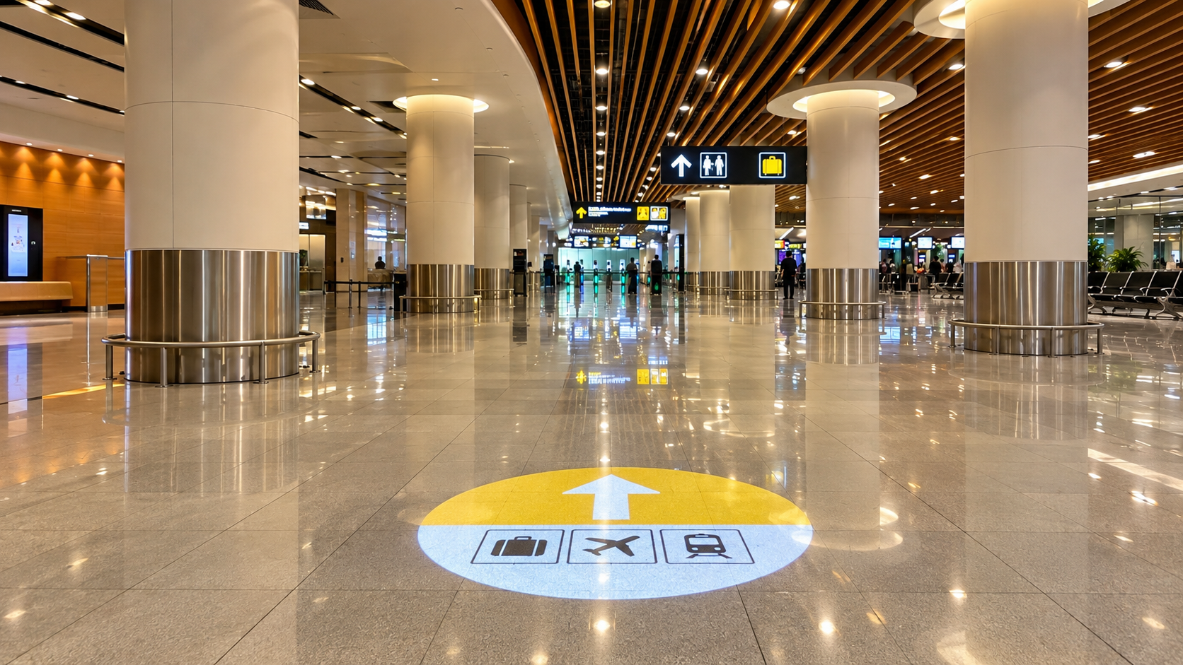 Arrow and transport symbols projected onto the floor of an indoor terminal.