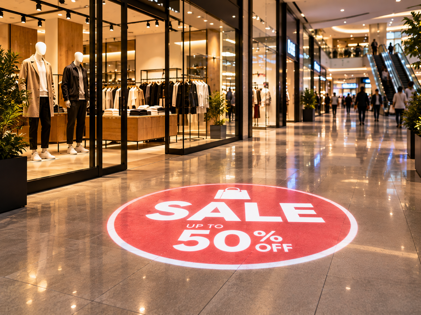 Red sale message projected onto a shopping mall floor outside a clothing store.