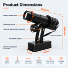 Dimension diagram of the 50W indoor logo projector showing the lens, adjustable bracket and mounting base