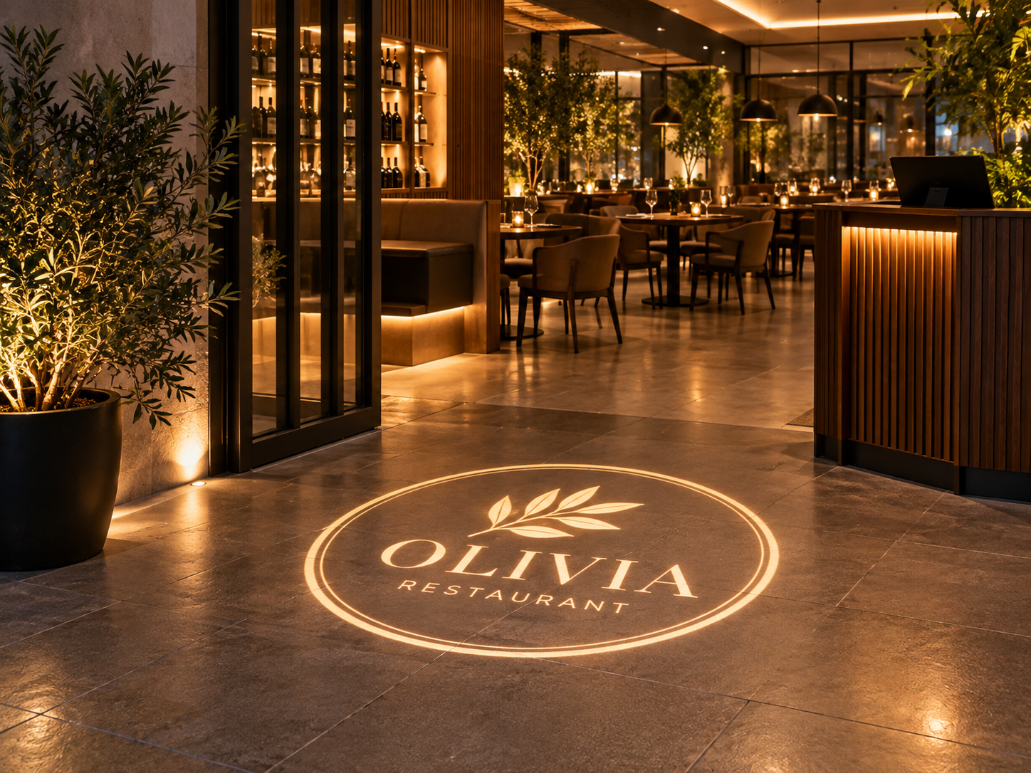 Olivia Restaurant logo projected onto the floor at a restaurant entrance.