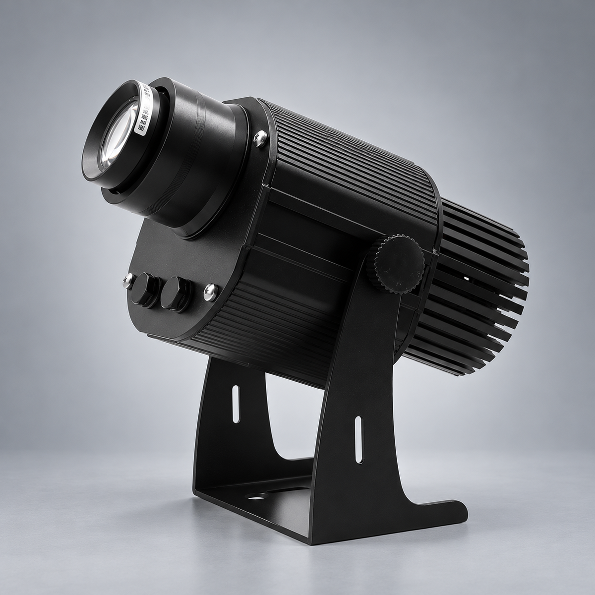 GoboSolution 80W outdoor logo projector with a black housing and U-shaped mounting bracket