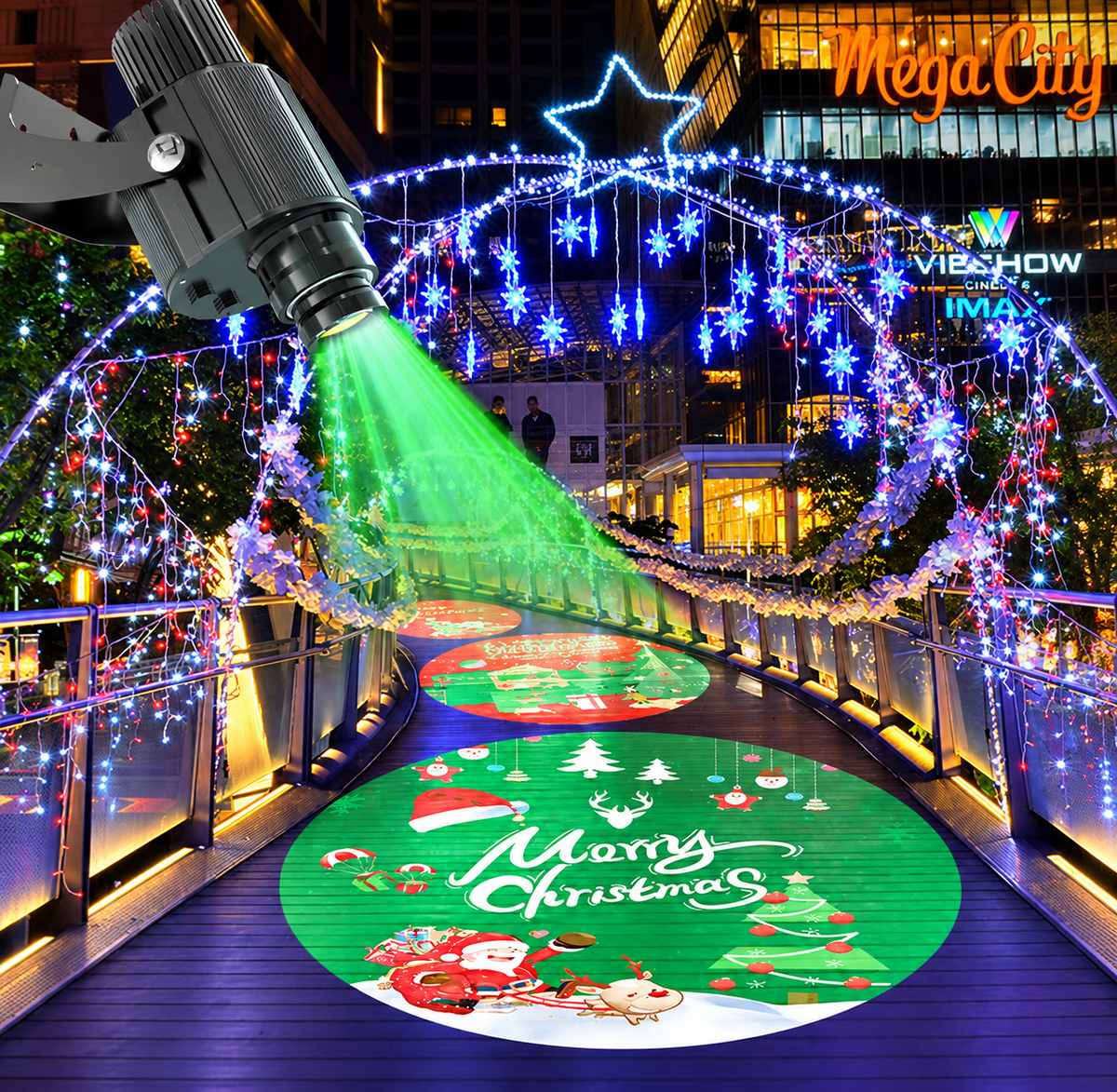 Christmas gobo projection illustration with festive graphics on an illuminated outdoor walkway