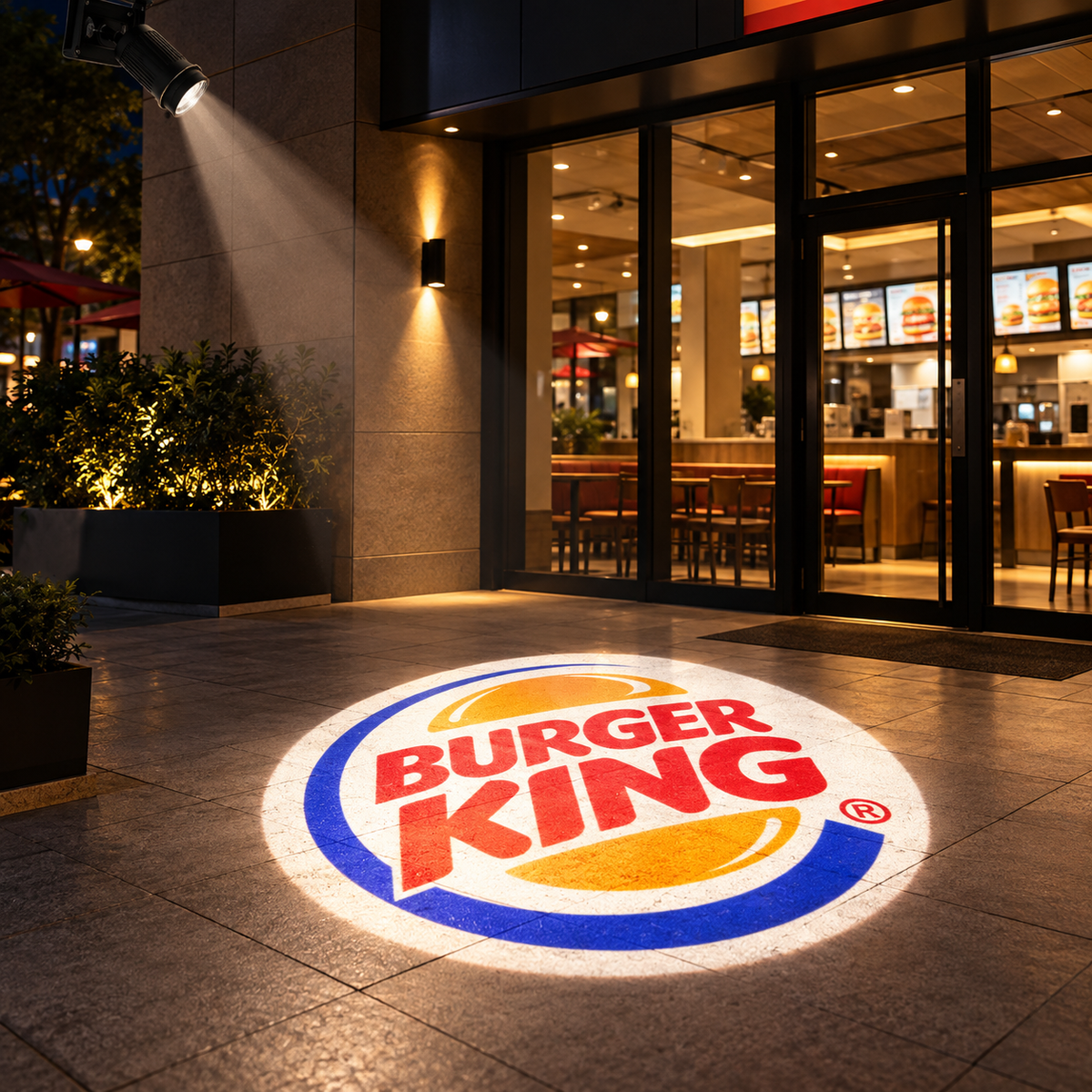 Burger King logo projected onto the pavement outside a restaurant entrance at night