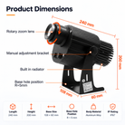 Dimension diagram of the 90W outdoor logo projector showing its housing and mounting bracket