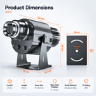 Dimension diagram of the 100W outdoor logo projector showing its housing, mounting bracket and base