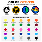 Custom gobo color chart comparing one-color, two-color, three-color and full-color designs with available standard colors
