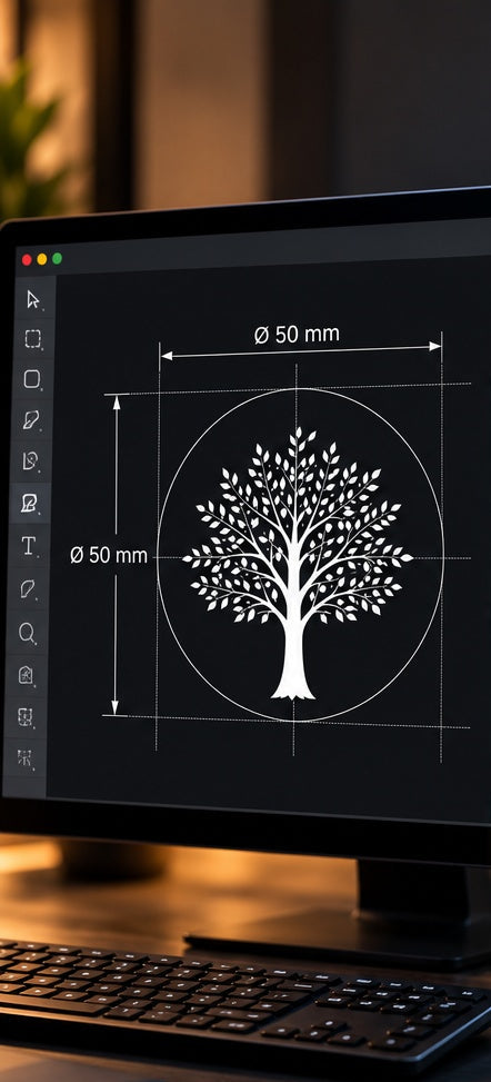 A computer monitor on a desk displaying a digital design template of a white tree with circular dimension markings ('Ø 50 mm') on a dark background, with a keyboard and pen in the foreground.