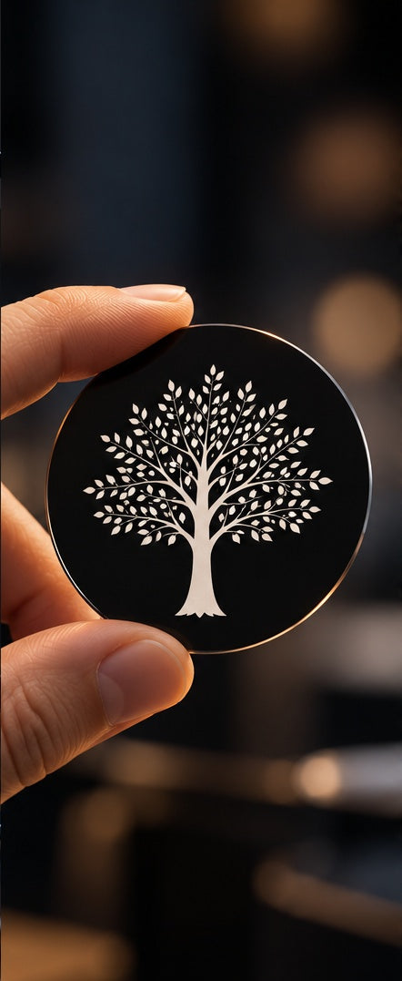 Hand holding a round custom gobo with a white tree design.