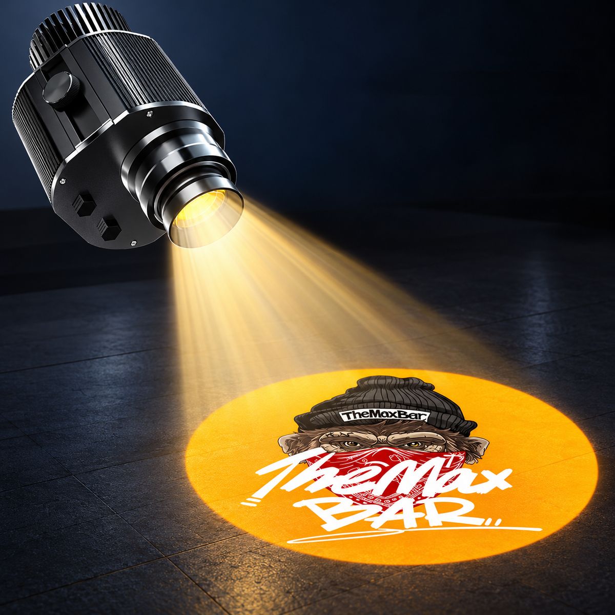 Illustration of an outdoor logo projector casting a circular yellow logo onto the ground