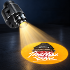 Illustration of an outdoor logo projector casting a circular yellow logo onto the ground