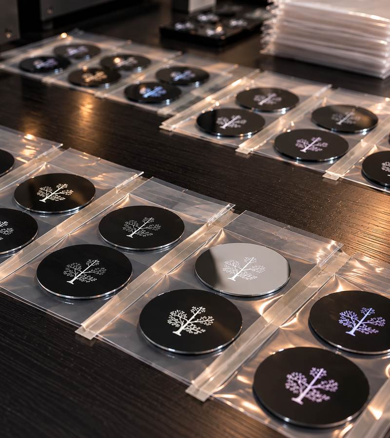 Custom gobos with tree designs individually packaged for a bulk order.