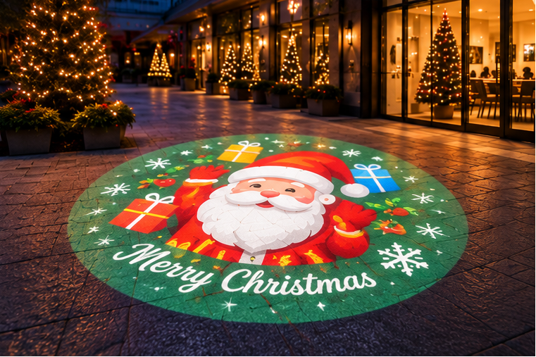 A circular outdoor Christmas ground light displayed on a paved walkway at night, featuring a festive illustration of Santa Claus, gifts, snowflakes, and the words 'Merry Christmas' in white script. The light is shown casting a glow onto the stone pavement, with decorated Christmas trees and a lit storefront in the background.